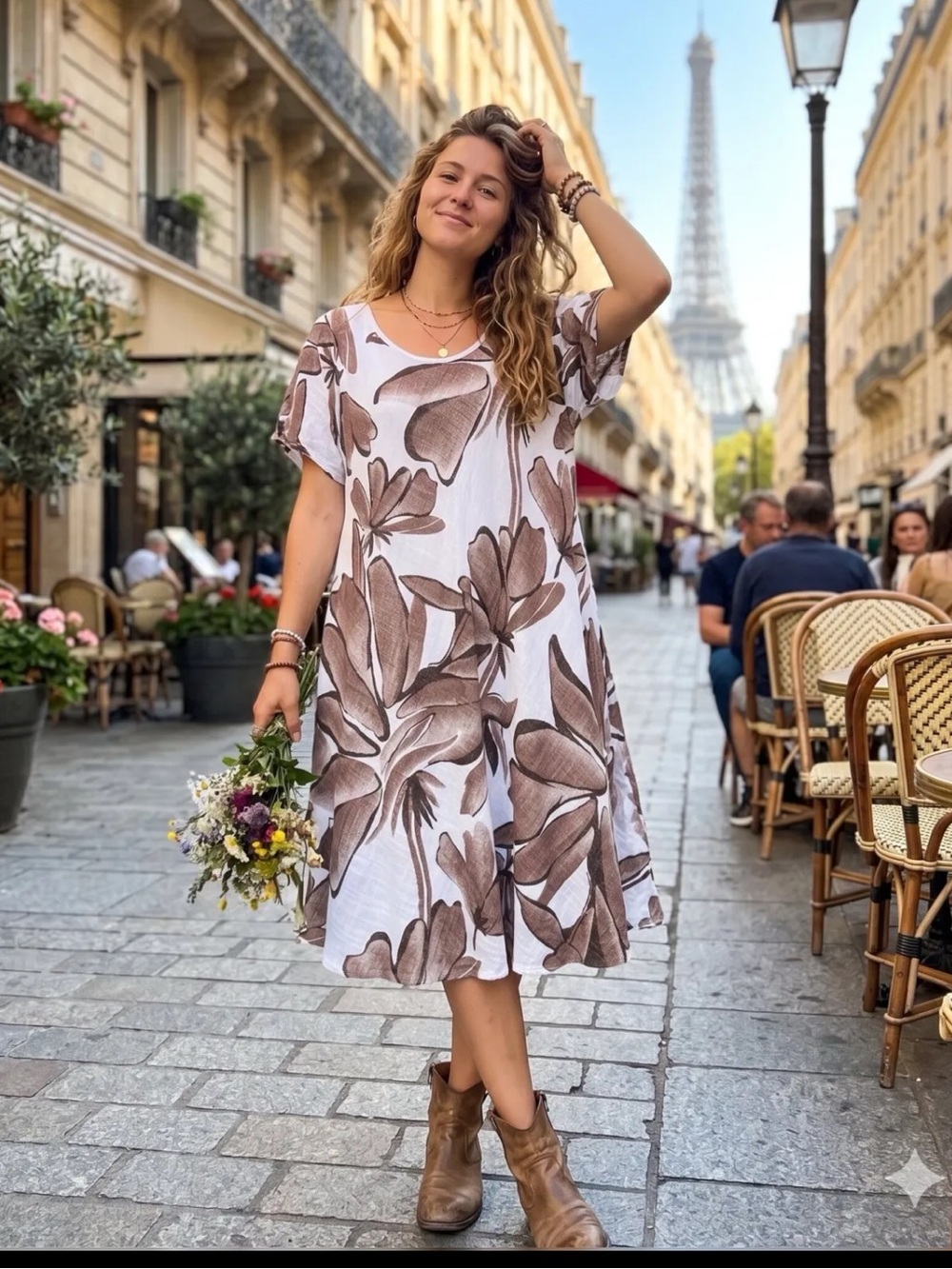 MADE IN ITALY Flowy White & Brown Floral A-Line Dress